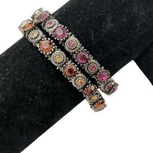 VINTAGE PURPLE & ORANGE CRYSTAL STRETCHY BRACELETS SET IN SILVER TONE - SET OF 2